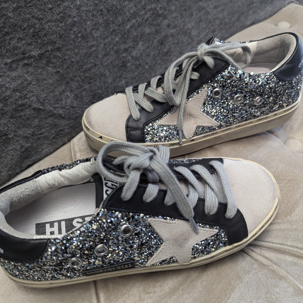Golden Goose Hi-Star sneakers glitter deluxe brand custom stars silver black 37